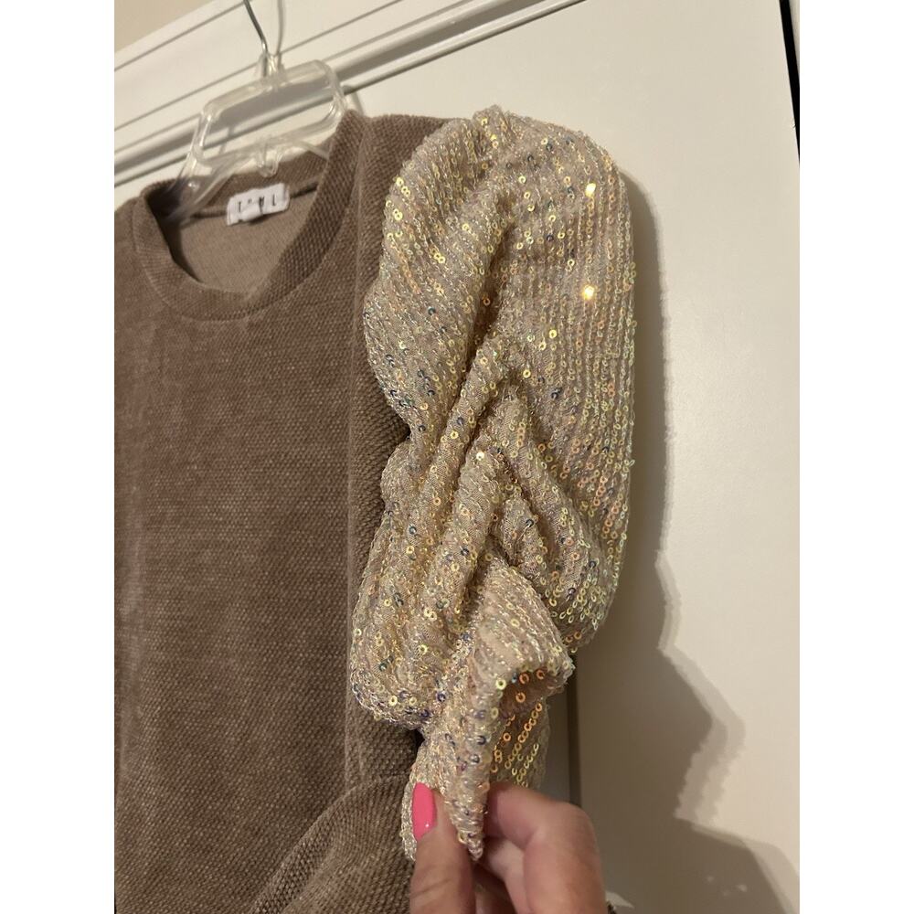 THML Brown Knit Top with Puff Gold Sparkle Sleeves - Picture 5 of 11